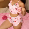shein طقم بيجامة نسائية بطبعة مربعات كاروهات الكرز بدون أكمام وشورت 6