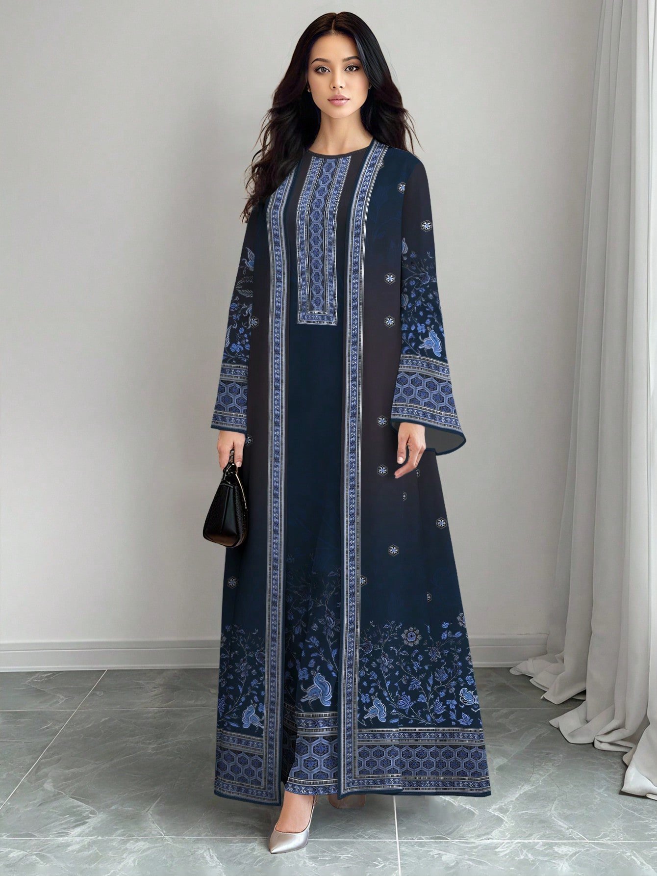 shein najma فستان نسائي بطراز بوهيمي أنيق بطبعة زهرية عتيقة، طقم قطعتين من الفستان الماكسي بياقة دائرية والكارديجان، بطراز عربي، موضة الربيع والصيف 3