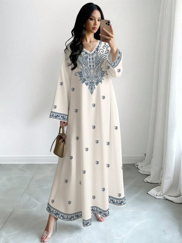 al najma رمضان فستان الأكمام الطويلة بياقة على شكل v مع طباعة إسلامية وعربية للنساء 4