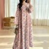 al najma رمضان فستان الأكمام الطويلة بياقة على شكل v مع طباعة إسلامية وعربية للنساء 3