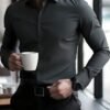 manfinity mode قميص أبيض أنيق بأكمام طويلة للارتداء الرسمي أو المكتبي مع ياقة قميص، قمصان عمل، قمصان عمل كاجوال للرجال، الخريف، الحفل 16