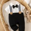 shein رومبير مولود جديد للأولاد باللونين الأسود والأبيض مع ديكور دب وربطة عنق بدلة رسمية للتعميد والعماد 5