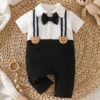 shein رومبير مولود جديد للأولاد باللونين الأسود والأبيض مع ديكور دب وربطة عنق بدلة رسمية للتعميد والعماد 8