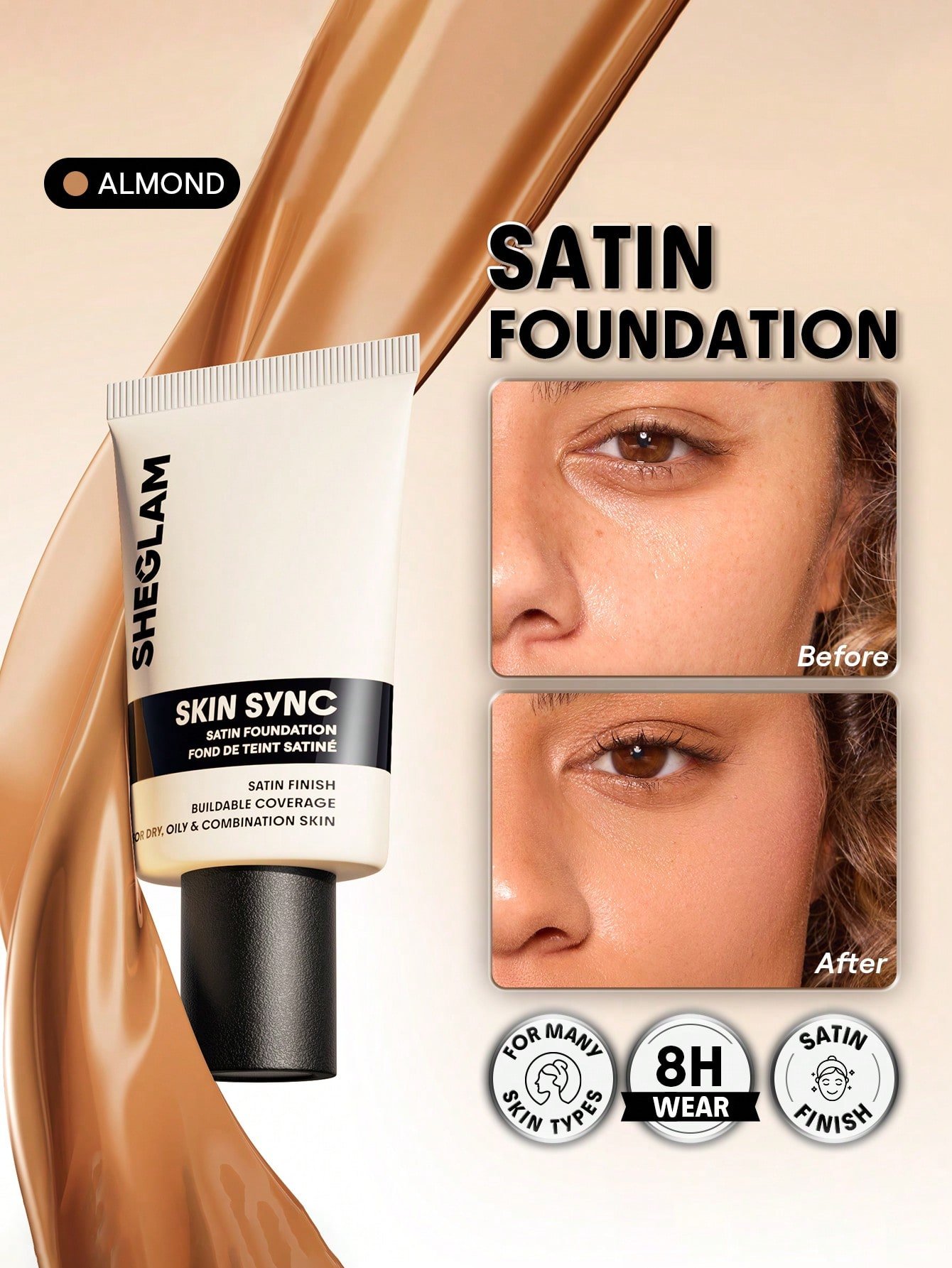 sheglam skin sync satin كريم أساس fair علامة تجارية جمال مكياج ميكب مستحضرات تجميل للنساء الفتيات مثالي لفصل الصيف الربيع مثالي ل y2k أزياء أنيقة عيد الأم هدية حفلة جاهز أفضل لون 16