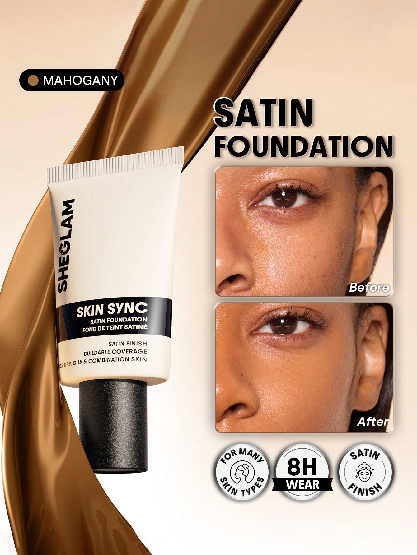 sheglam skin sync satin كريم أساس fair علامة تجارية جمال مكياج ميكب مستحضرات تجميل للنساء الفتيات مثالي لفصل الصيف الربيع مثالي ل y2k أزياء أنيقة عيد الأم هدية حفلة جاهز أفضل لون 23