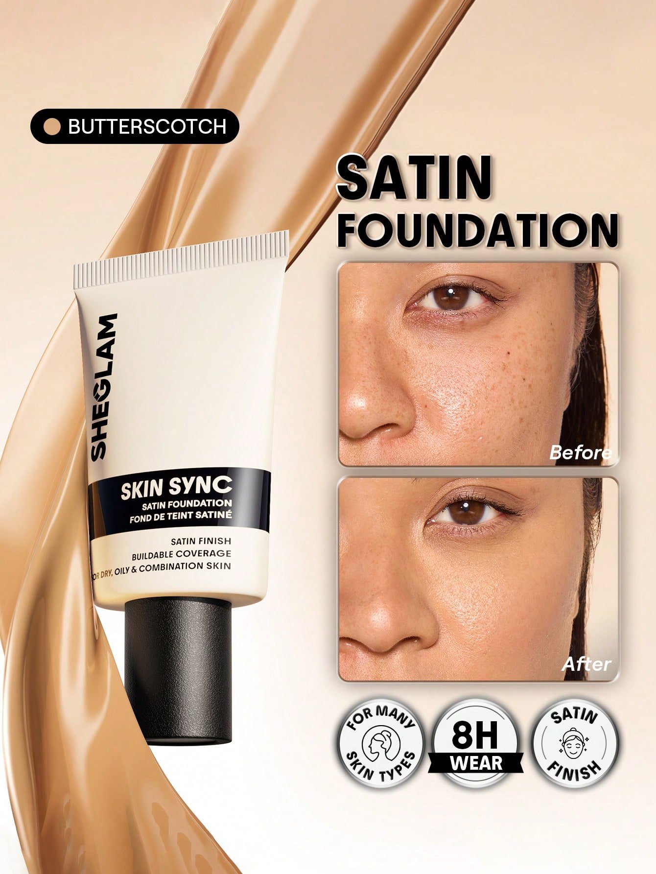 sheglam skin sync satin كريم أساس fair علامة تجارية جمال مكياج ميكب مستحضرات تجميل للنساء الفتيات مثالي لفصل الصيف الربيع مثالي ل y2k أزياء أنيقة عيد الأم هدية حفلة جاهز أفضل لون 13