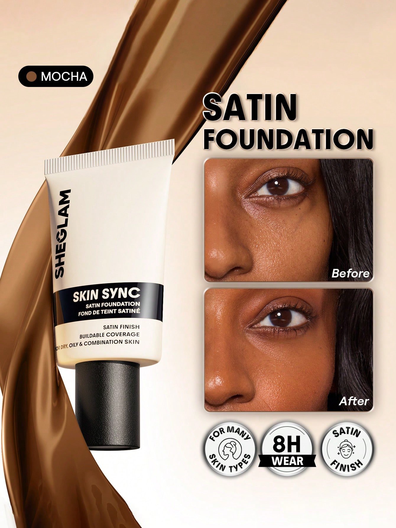 sheglam skin sync satin كريم أساس fair علامة تجارية جمال مكياج ميكب مستحضرات تجميل للنساء الفتيات مثالي لفصل الصيف الربيع مثالي ل y2k أزياء أنيقة عيد الأم هدية حفلة جاهز أفضل لون 26
