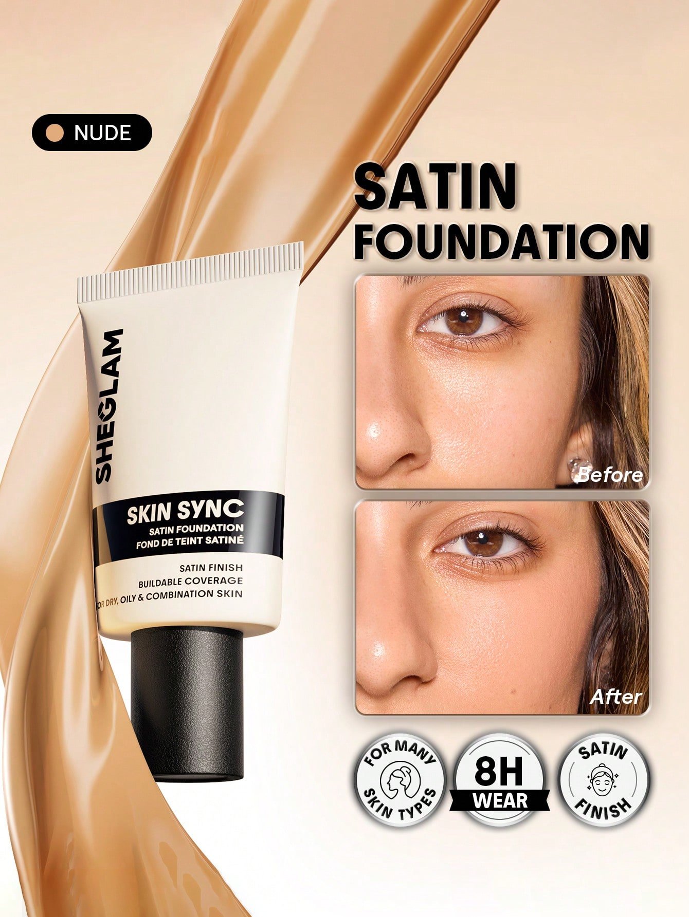 sheglam skin sync satin كريم أساس fair علامة تجارية جمال مكياج ميكب مستحضرات تجميل للنساء الفتيات مثالي لفصل الصيف الربيع مثالي ل y2k أزياء أنيقة عيد الأم هدية حفلة جاهز أفضل لون 7