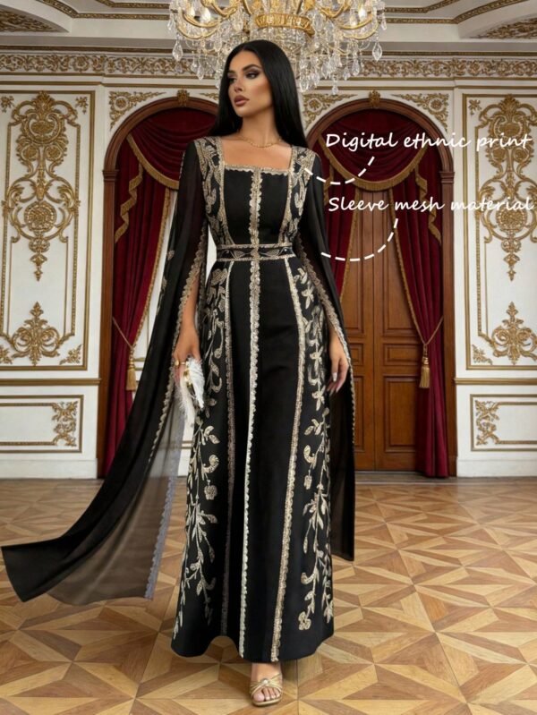 shein raffinéa فستان نسائي بياقة مربعة وأكمام طويلة، تصميم أكمام مخرمة، تأثير أكمام جرس، طباعة رقمية بتصميم حرف t شكل خط a، مناسب للاستخدام اليومي والحفلات والعطلات، بطراز 3
