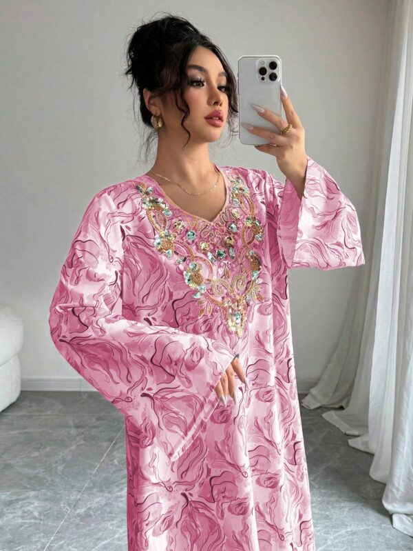 yasmyna فستان نسائي بياقة على شكل حرف v وأكمام طويلة، مطرز بترتر وطباعة ملونة فضفاض، أنيق وأنثوي بطراز عربي رومانسي 4