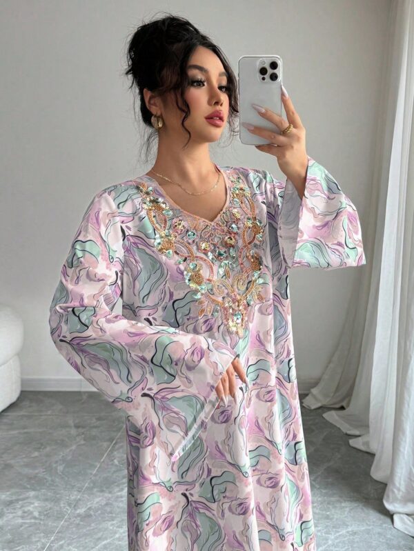 yasmyna فستان نسائي بياقة على شكل حرف v وأكمام طويلة، مطرز بترتر وطباعة ملونة فضفاض، أنيق وأنثوي بطراز عربي رومانسي 3