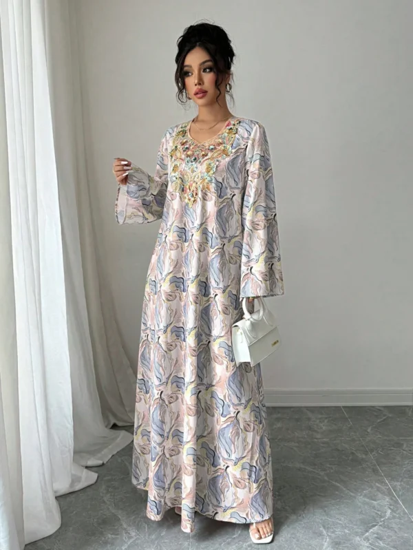 yasmyna فستان نسائي بياقة على شكل حرف v وأكمام طويلة، مطرز بترتر وطباعة ملونة فضفاض، أنيق وأنثوي بطراز عربي رومانسي 7