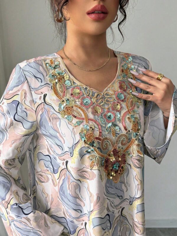 yasmyna فستان نسائي بياقة على شكل حرف v وأكمام طويلة، مطرز بترتر وطباعة ملونة فضفاض، أنيق وأنثوي بطراز عربي رومانسي 8