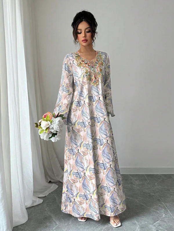 yasmyna فستان نسائي بياقة على شكل حرف v وأكمام طويلة، مطرز بترتر وطباعة ملونة فضفاض، أنيق وأنثوي بطراز عربي رومانسي 10
