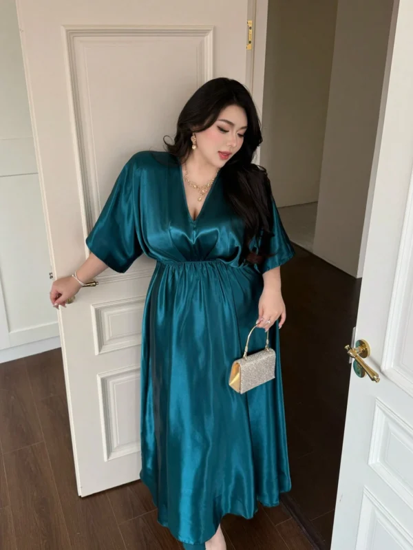 flirla فستان ماكسي مع كشكشة عند الرقبة وأكمام، فستان طويل أنيق بقصة a على الطراز الفرنسي، فستان أنيق جديد بياقة على شكل حرف v، فستان فضفاض الخصر، فستان منزلي مريح بلون سادة 3