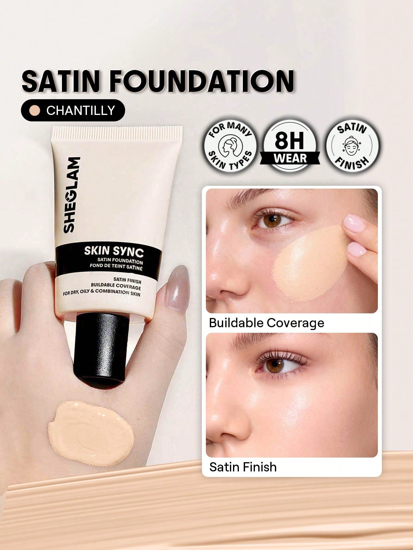 sheglam skin sync satin كريم أساس fair علامة تجارية جمال مكياج ميكب مستحضرات تجميل للنساء الفتيات مثالي لفصل الصيف الربيع مثالي ل y2k أزياء أنيقة عيد الأم هدية حفلة جاهز أفضل لون 4