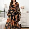 reflora فستان طويل نسائي كبير الحجم بطبعة زهرية، ذو خصر مطاطي مرتفع وذيل مكسر، فستان خريفي، فستان منقوش، فستان زهري 27