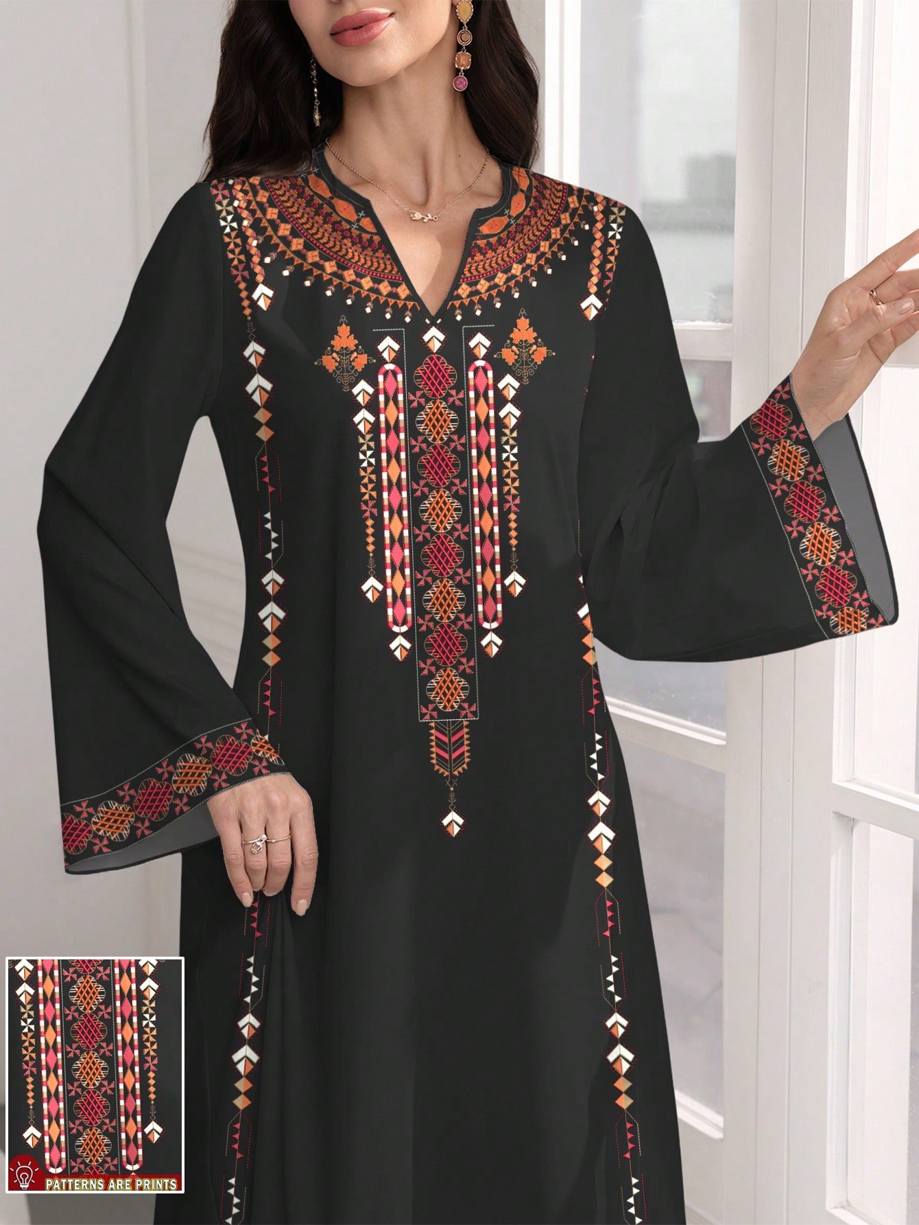 shein najma فستان ماكسي أنيق بطبعات زهرية وياقة على شكل حرف v وأكمام طويلة بطراز عربي، للربيع والخريف 13