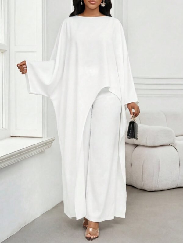 shein lady طقم بلوزة وبنطلون واسع الساق ذو لون أحادي وحافة غير متماثلة، طقم كاجوال مكون من قطعتين للنساء shein lady طقم بلوزة وبنطلون واسع الساق ذو لون أحادي وحافة غير متماثلة، طقم كاجوال مكون من قطعتين للنساء