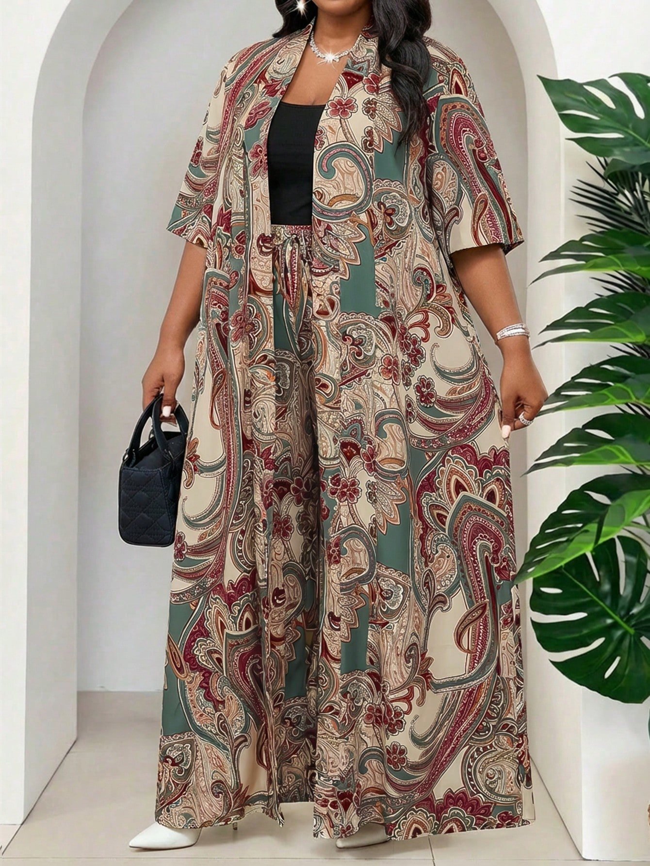 shein lady مجموعة قطعتين فضفاضة أنيقة متعددة الاستخدامات بطباعة عتيقة مقاس كبير، صيفي 14