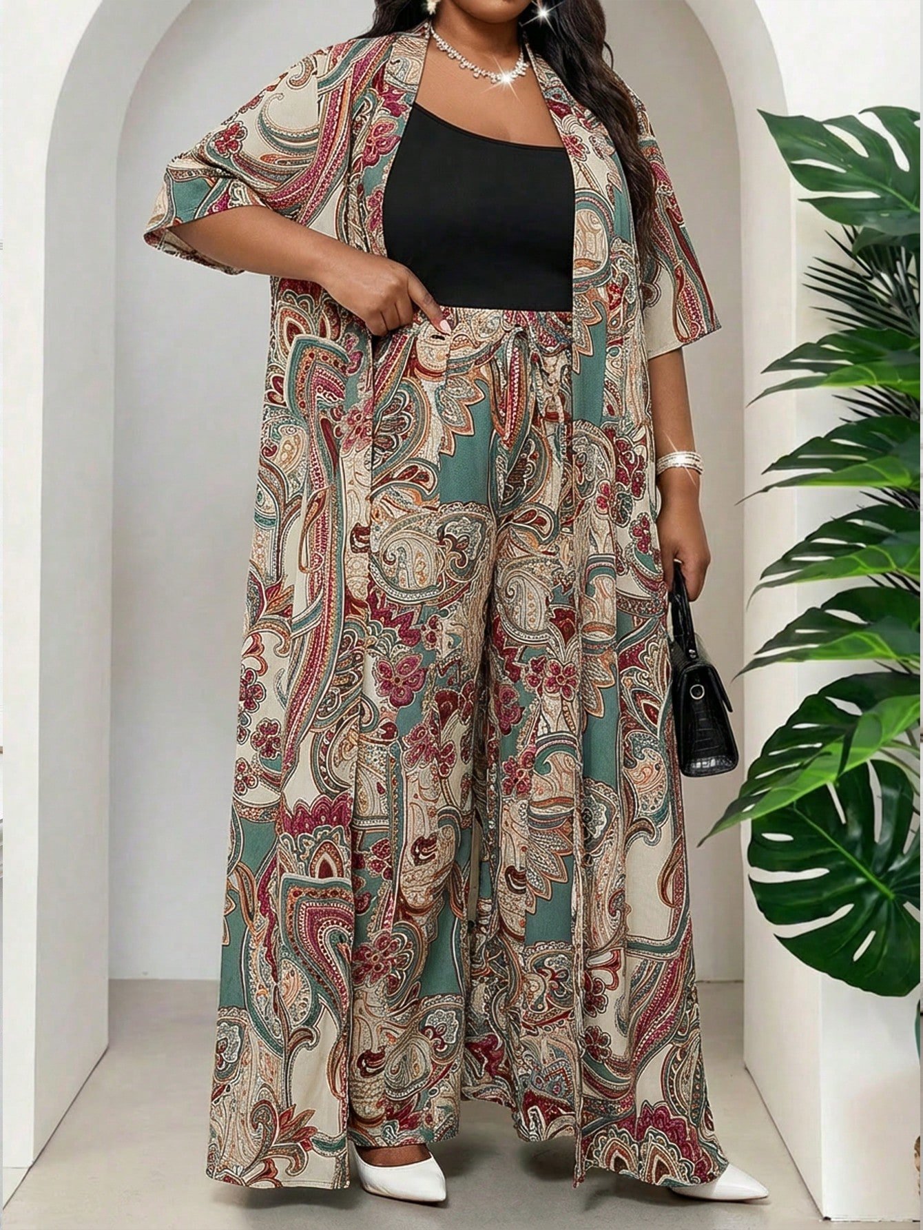 shein lady مجموعة قطعتين فضفاضة أنيقة متعددة الاستخدامات بطباعة عتيقة مقاس كبير، صيفي 16