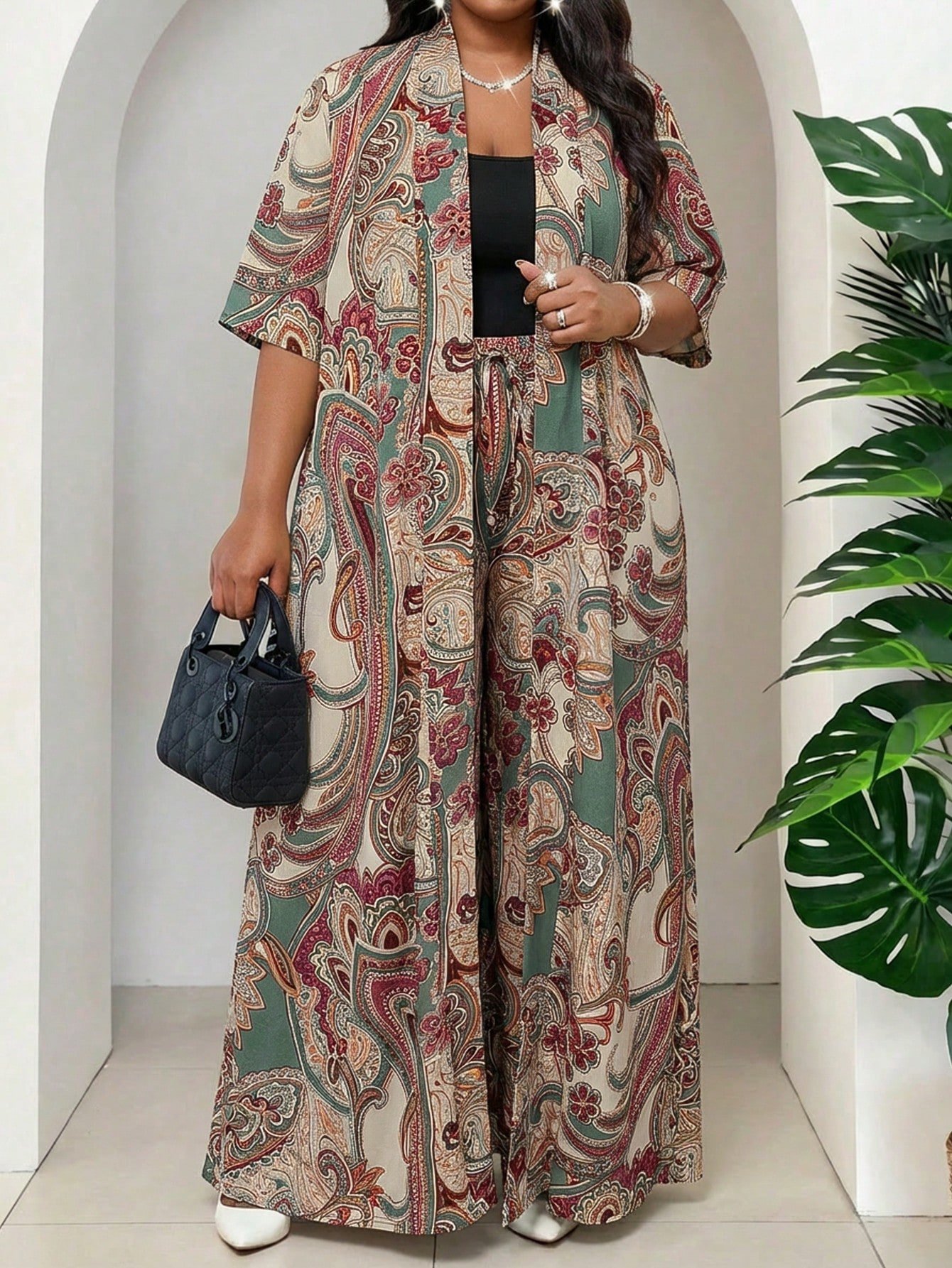 shein lady مجموعة قطعتين فضفاضة أنيقة متعددة الاستخدامات بطباعة عتيقة مقاس كبير، صيفي 17