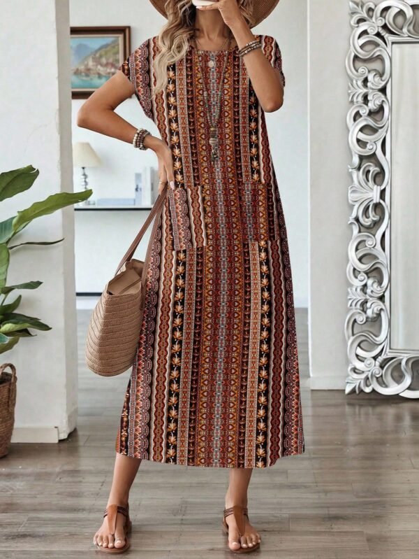 shein lune فستان نسائي بياقة مستديرة وأكمام قصيرة بخفقان الخفيفة مع طباعة هندسية لإجازة 5
