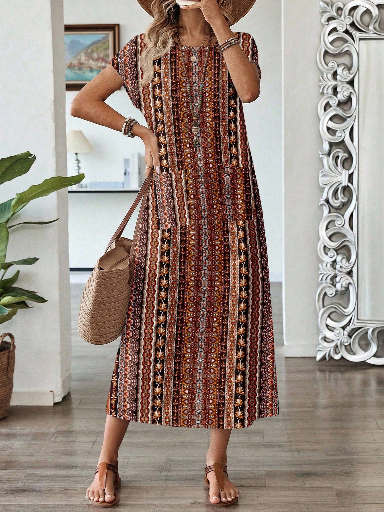 shein lune فستان نسائي بياقة مستديرة وأكمام قصيرة بخفقان الخفيفة مع طباعة هندسية لإجازة 5