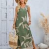 shein lune فستان ماكسي كاجوال للنساء من قماش مُنسوج بتصميم أخضر عسكري بياقة على شكل حرف v بدون أكمام مع طبعة ريش عشوائية وشق في الفخذ 3