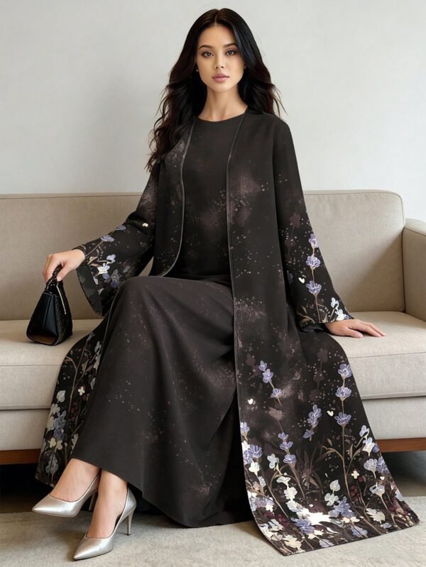 shein najma فستان نسائي بطراز بوهيمي أنيق بطبعة زهرية عتيقة، طقم قطعتين من الفستان الماكسي بياقة دائرية والكارديجان، بطراز عربي، موضة الربيع والصيف 11