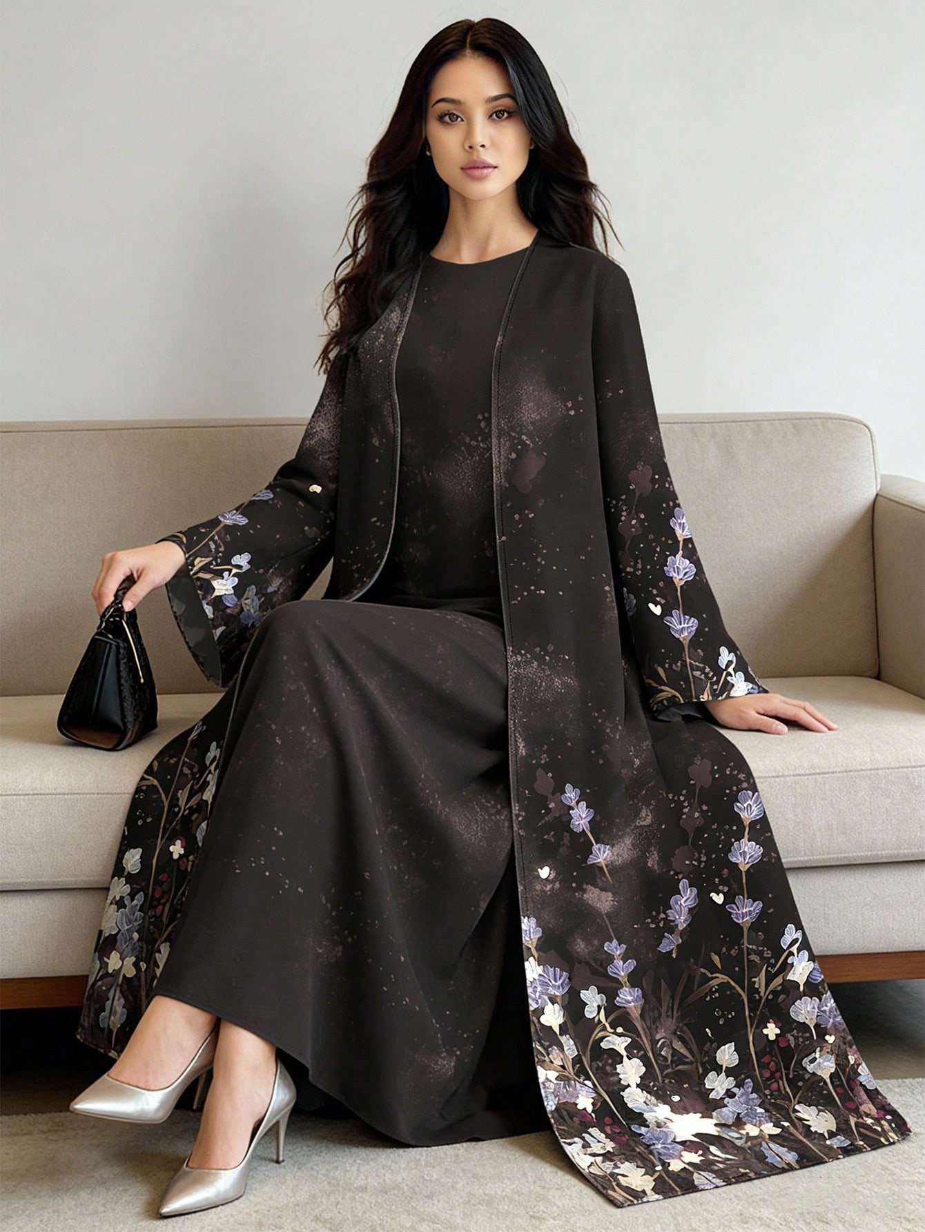 shein najma عباية كارديجان طويلة كاجوال للنساء بطبعة زهرية تدرجية ذات أكمام طويلة، مناسبة للربيع والخريف 11