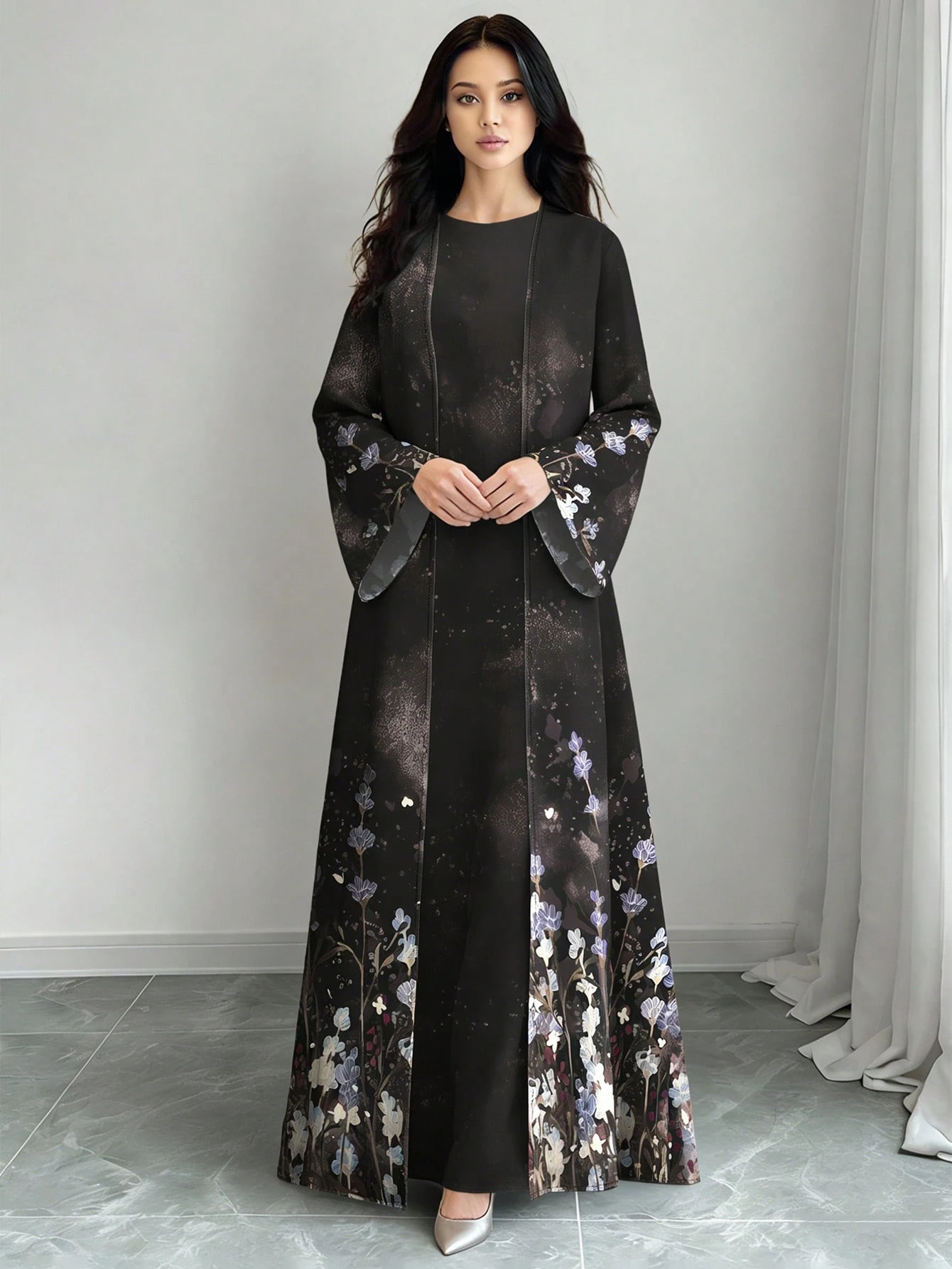 shein najma عباية كارديجان طويلة كاجوال للنساء بطبعة زهرية تدرجية ذات أكمام طويلة، مناسبة للربيع والخريف 17