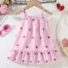 shein 1 قطعة فستان صيفي للبنات الصغيرات بألوان أبيض ووردي بتصميم كتل لونية، طراز منعش وحلو بطبعة زهرة الخبيزة، بحمالات رفيعة وكشكشة، قصة فضفاضة ومريحة، مناسب للخروجات اليومية والرحلات العادية وعطلات الشاطئ والتجمعات العائلية وجلسات التصوير 2