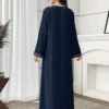 shein فستان ماكسي أزرق داكن أنيق للمراهقات، بأكمام طويلة وياقة على شكل v، مزين بشريط ذهبي وطبعات فراشات، فستان ماكسي فضفاض بياقة على شكل v على الطراز العربي، فستان للبنات للربيع والخريف للاستخدام اليومي، فستان جلابية ماكسي عربي 2