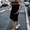 قميص رجالي برقبة دائرية وأكمام قصيرة بتصميم متباين باللونين الكاكي والأسود، مع شورت أسود من نفس السلسلة بأسلوب أنيق، طقم من قطعتين، قماش بوليستر 100% خفيف الوزن، طقم رياضي قابل للتنفس وسريع الجفاف، مناسب للارتداء في الصيف، قماش خفيف الوزن وقابل للتنفس 7