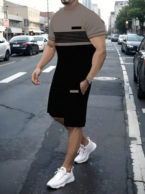 قميص رجالي برقبة دائرية وأكمام قصيرة بتصميم متباين باللونين الكاكي والأسود، مع شورت أسود من نفس السلسلة بأسلوب أنيق، طقم من قطعتين، قماش بوليستر 100% خفيف الوزن، طقم رياضي قابل للتنفس وسريع الجفاف، مناسب للارتداء في الصيف، قماش خفيف الوزن وقابل للتنفس 7
