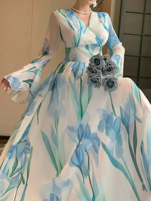 dazy فستان نسائي بطبعة بسيطة وياقة على شكل v وأكمام طويلة 4