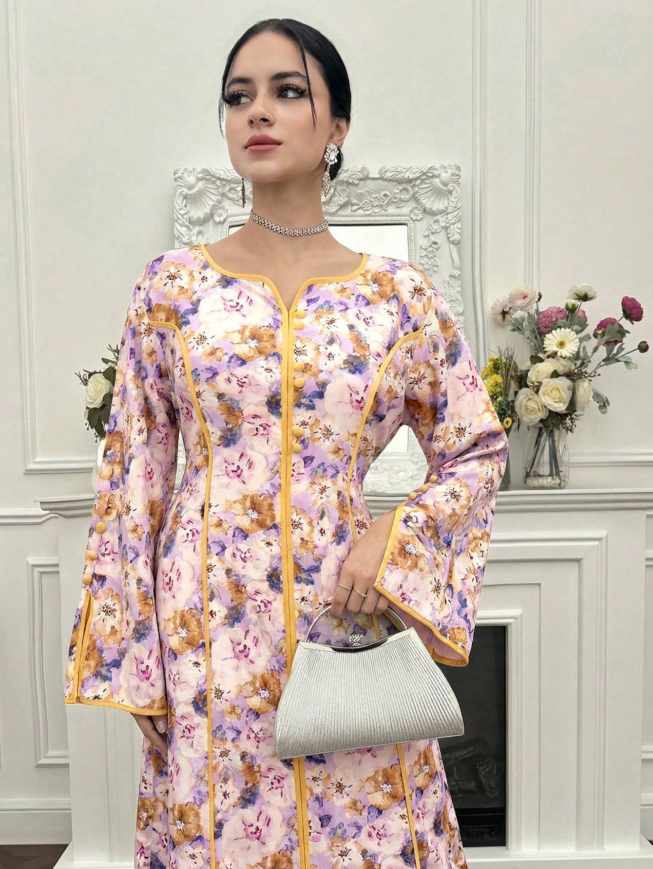 yasmyna فستان بأكمام واسعة وخصر مطوي مطبوع بالزهور بياقة مقطوعة على الطراز العربي للنساء 4