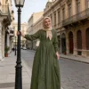 فساتين عربية طويلة الأكمام مطوية، تفاصيل أزرار، أكمام بيشوب ذات رقبة دائرية للربيع 5
