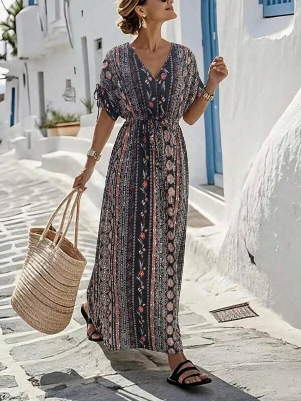 shein holidaya فستان متوسط الطول مطبوع بياقة على شكل حرف v مع خصر مطوي shein holidaya فستان متوسط الطول مطبوع بياقة على شكل حرف v مع خصر مطوي