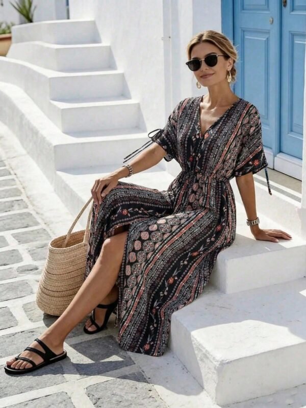 shein holidaya فستان متوسط الطول مطبوع بياقة على شكل حرف v مع خصر مطوي 3