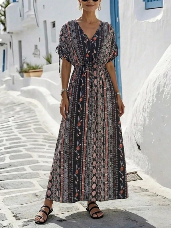 shein holidaya فستان متوسط الطول مطبوع بياقة على شكل حرف v مع خصر مطوي 4