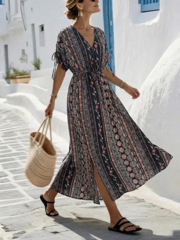shein holidaya فستان متوسط الطول مطبوع بياقة على شكل حرف v مع خصر مطوي 5