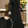 modelyn فستان نسائي بياقة عالية وأكمام طويلة، مزين بقطع شبكية على الخصر وطيات على الخصر، طول متوسط 2