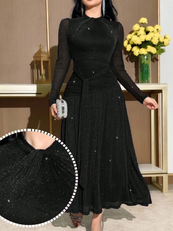 modelyn فستان نسائي بياقة عالية وأكمام طويلة، مزين بقطع شبكية على الخصر وطيات على الخصر، طول متوسط 2