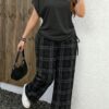 shein lune مجموعة قطعتين بنمط مربعات بلون بني أحمر داكن وبني أحمر مائل للحمرة، تصميم بسيط عادي، مناسب لجميع الفصول، مقاس كبير الحجم 7
