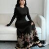 al najma فستان ماكسي أنيق بأكمام طويلة وياقة طاقم، بطبعات زهرية وأسود، تصميم مشدود للخصر للنساء في الربيع 1