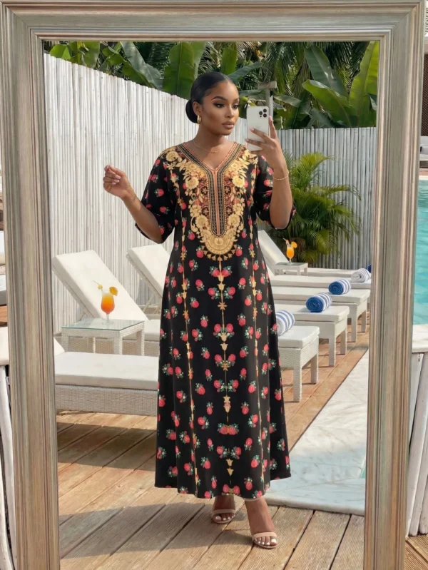 shein lady curve فستان كاجوال قصير الأكمام بياقة على شكل حرف v مزخرف بالزهور للمرأة ذات الحجم الكبير 7