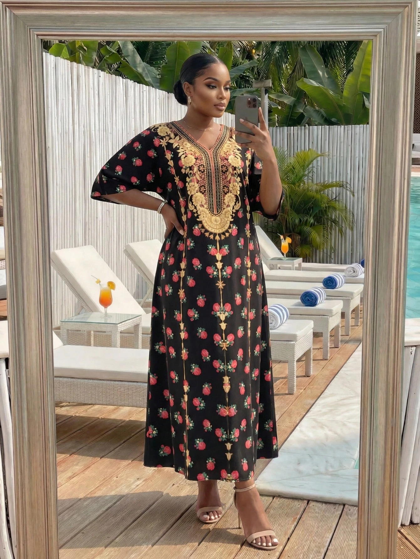 shein lady curve فستان كاجوال قصير الأكمام بياقة على شكل حرف v مزخرف بالزهور للمرأة ذات الحجم الكبير 5