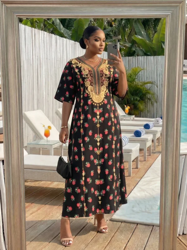 shein lady curve فستان كاجوال قصير الأكمام بياقة على شكل حرف v مزخرف بالزهور للمرأة ذات الحجم الكبير 6